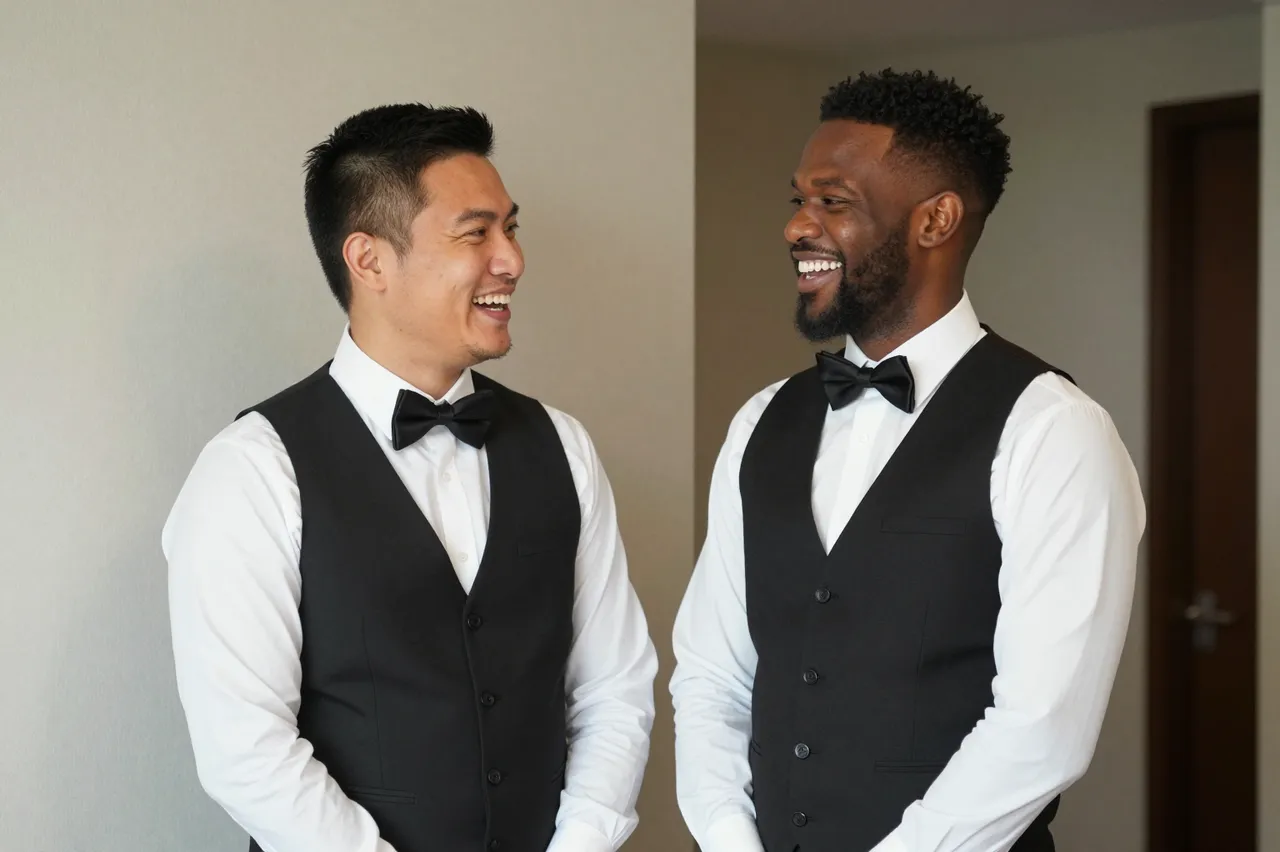 Two men in formal wedding vests laugh together while standing in an indoor hallway