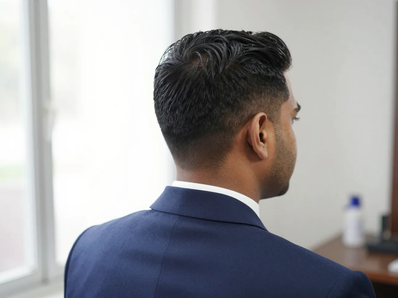 Rear three-quarter view of a South Asian man in a navy suit showing his neat side part low taper haircut near a bright
