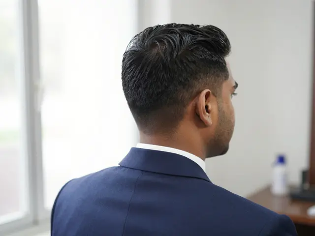 Rear three-quarter view of a South Asian man in a navy suit showing his neat side part low taper haircut near a bright