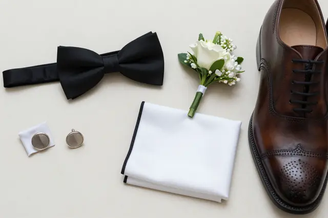 Flat lay of wedding groom accessories arranged on a soft neutral beige background
