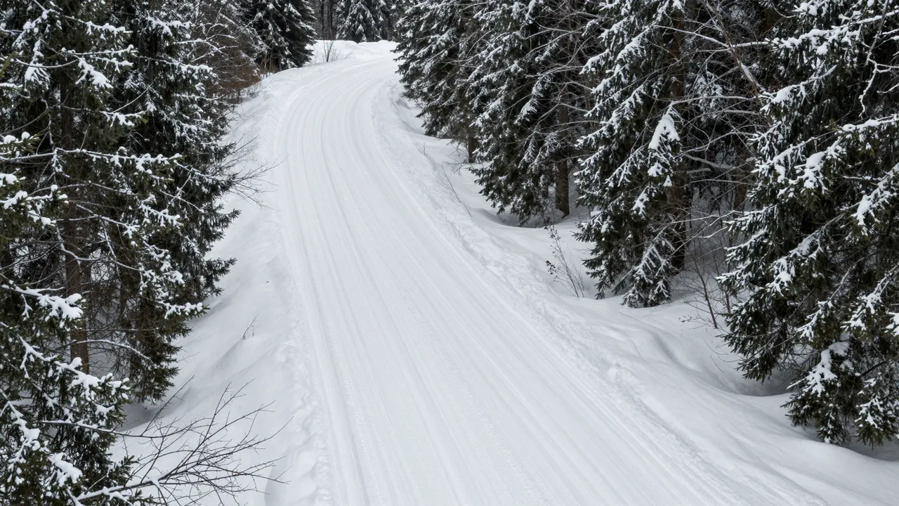 A groomed cross-country ski trail winds through a snow-covered evergreen forest with no people present