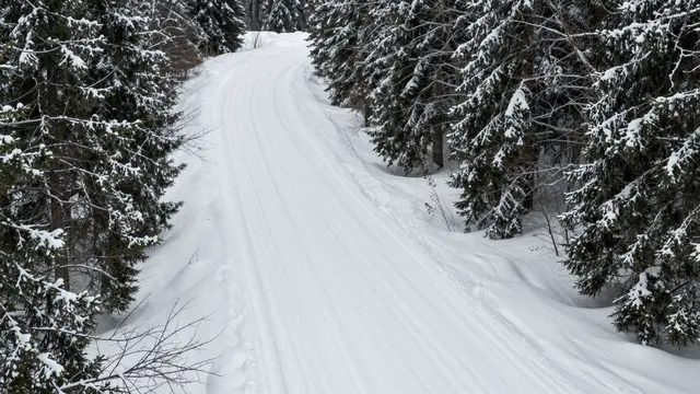 A groomed cross-country ski trail winds through a snow-covered evergreen forest with no people present