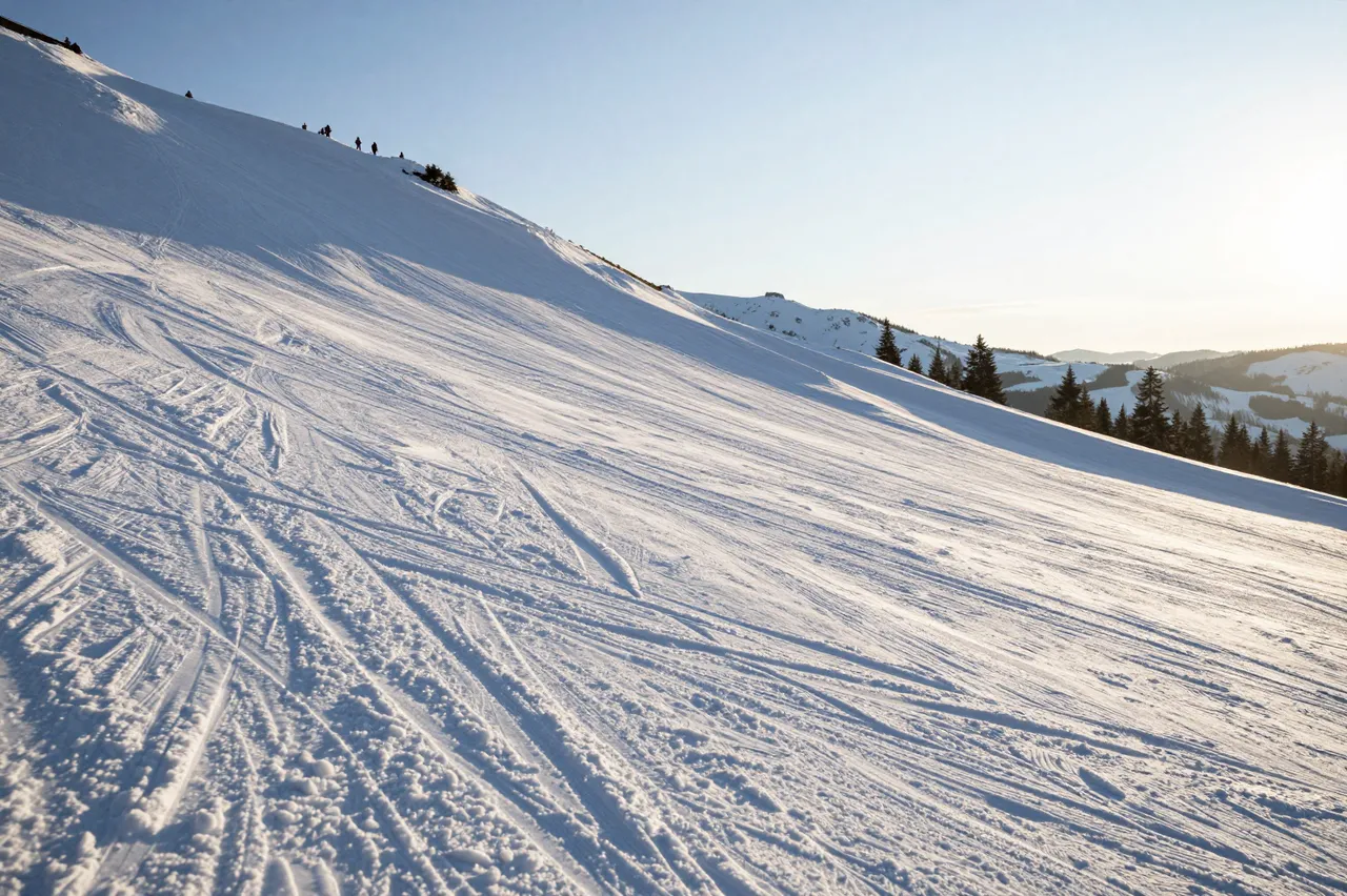 Wide groomed ski slope at golden sunrise, with distant silhouettes along the upper ridgeline