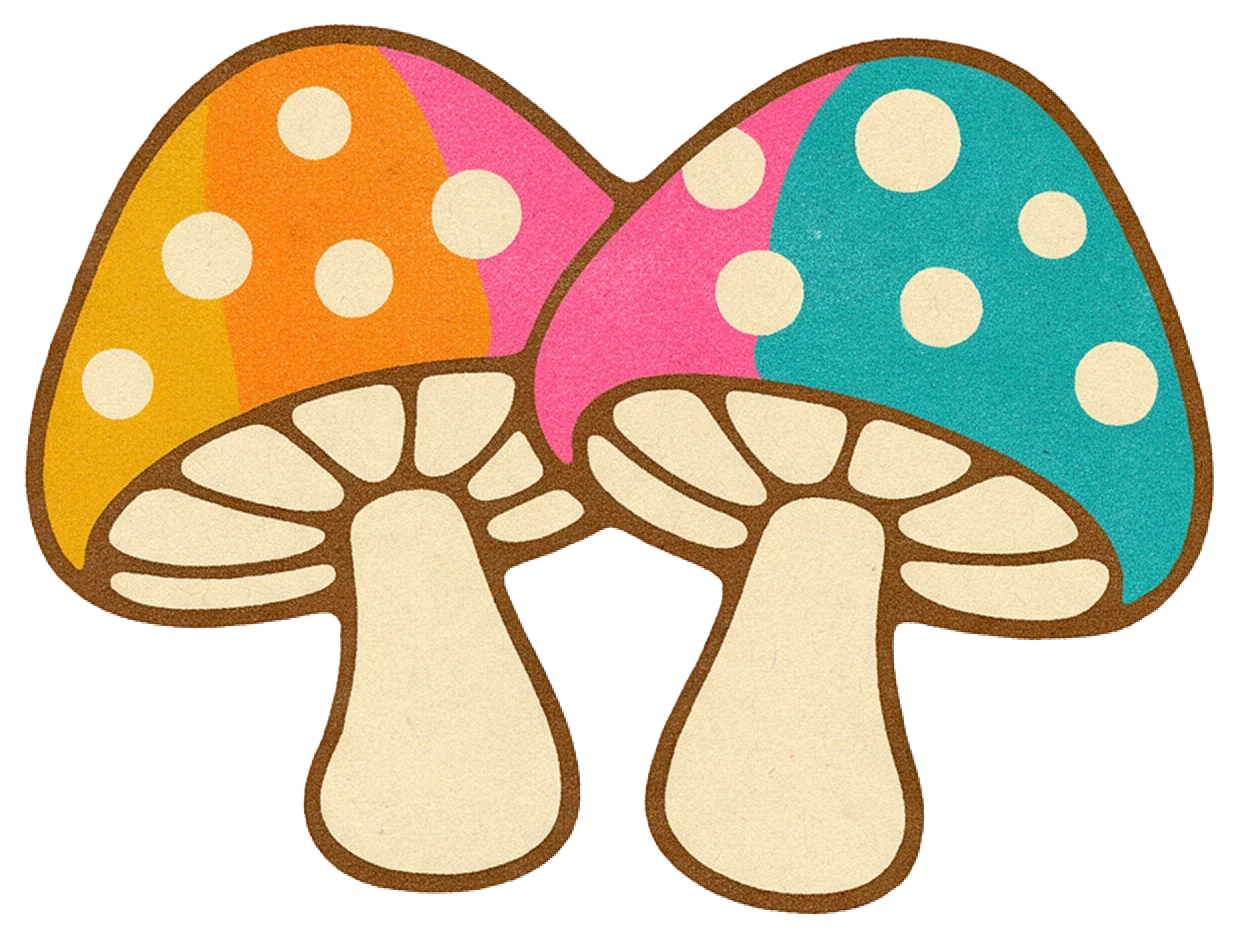 A retro screen-print illustration of two side-by-side spotted mushrooms with bold colorful caps and dark brown outlines