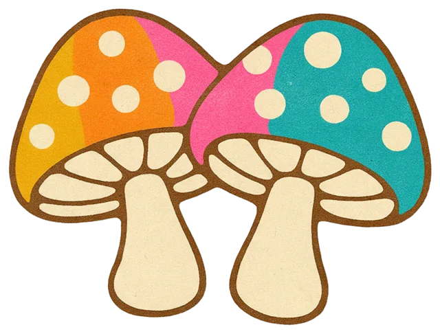 A retro screen-print illustration of two side-by-side spotted mushrooms with bold colorful caps and dark brown outlines