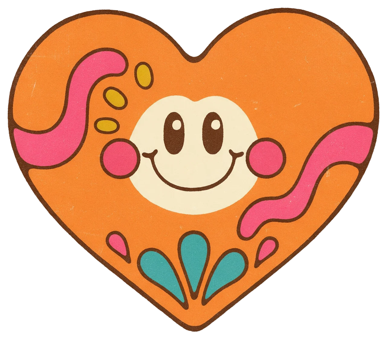 Retro 1970s illustration of an orange chubby heart with a happy smiling face and decorative details
