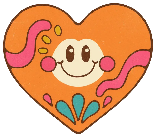 Retro 1970s illustration of an orange chubby heart with a happy smiling face and decorative details