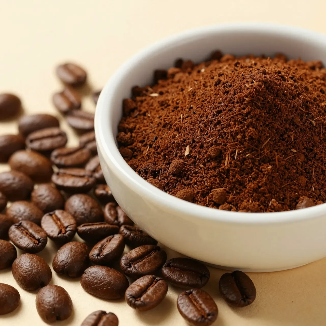 A white ceramic bowl of freshly ground coffee sits beside scattered whole coffee beans on a light beige surface.