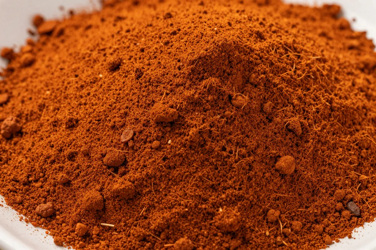 Close-up full frame of textured ground paprika powder in a shallow pile