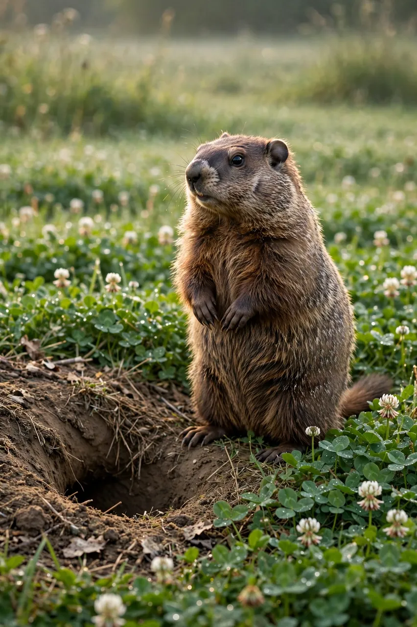 A chunky groundhog stands upright next to its burrow in a dewy clover field in soft morning light