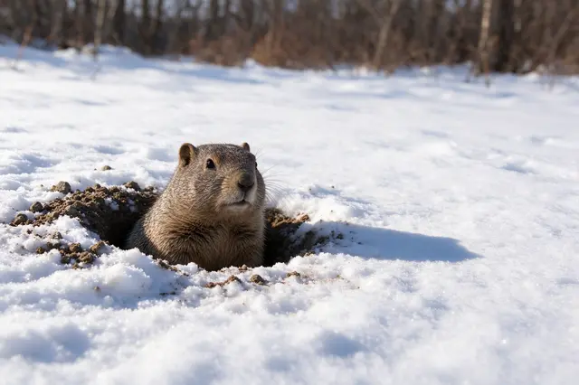 A groundhog peeks out of its dirt burrow surrounded by fresh snow, casting a shadow in bright winter sun.