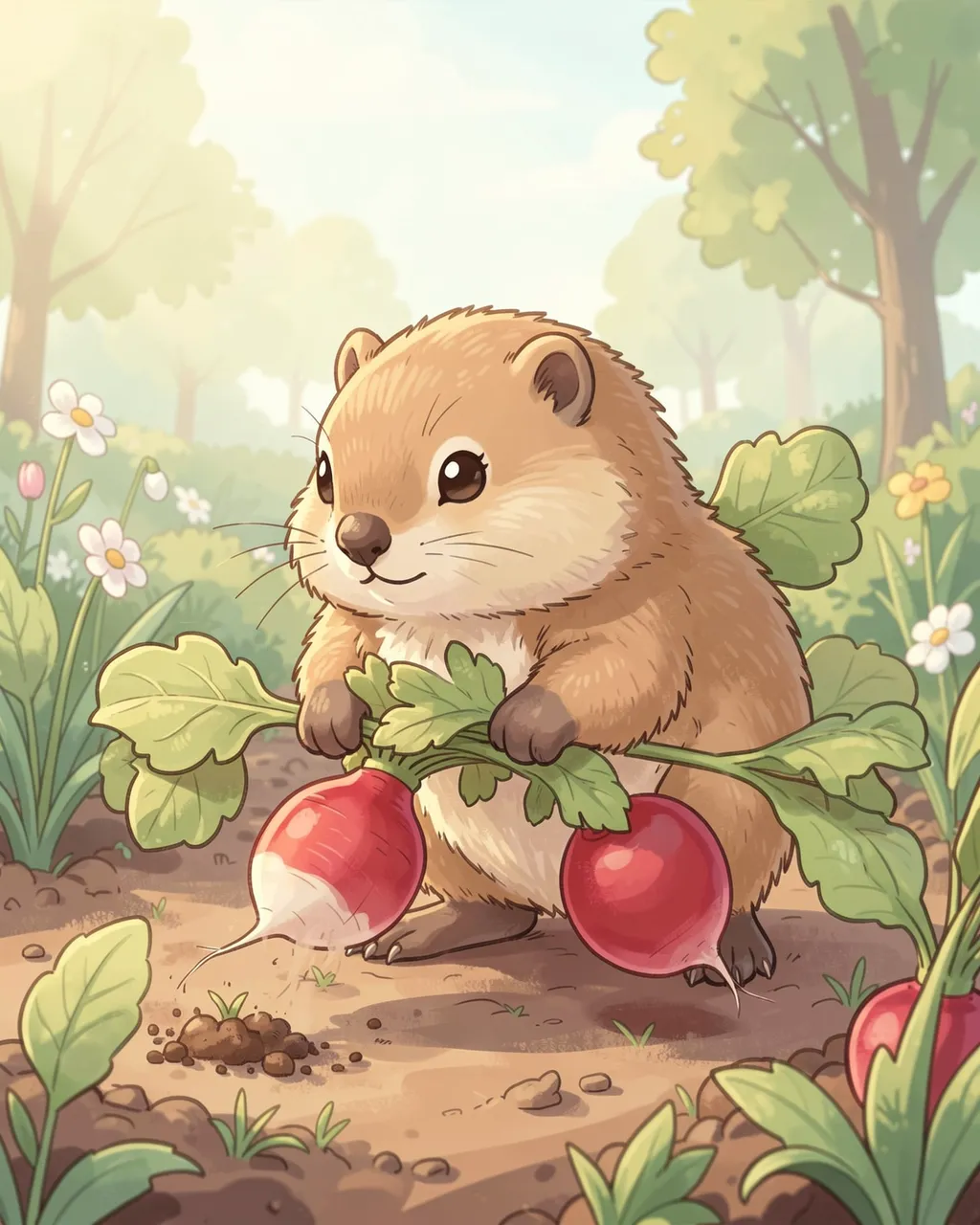 Cute illustrated groundhog holds freshly pulled radishes in a sunlit spring garden