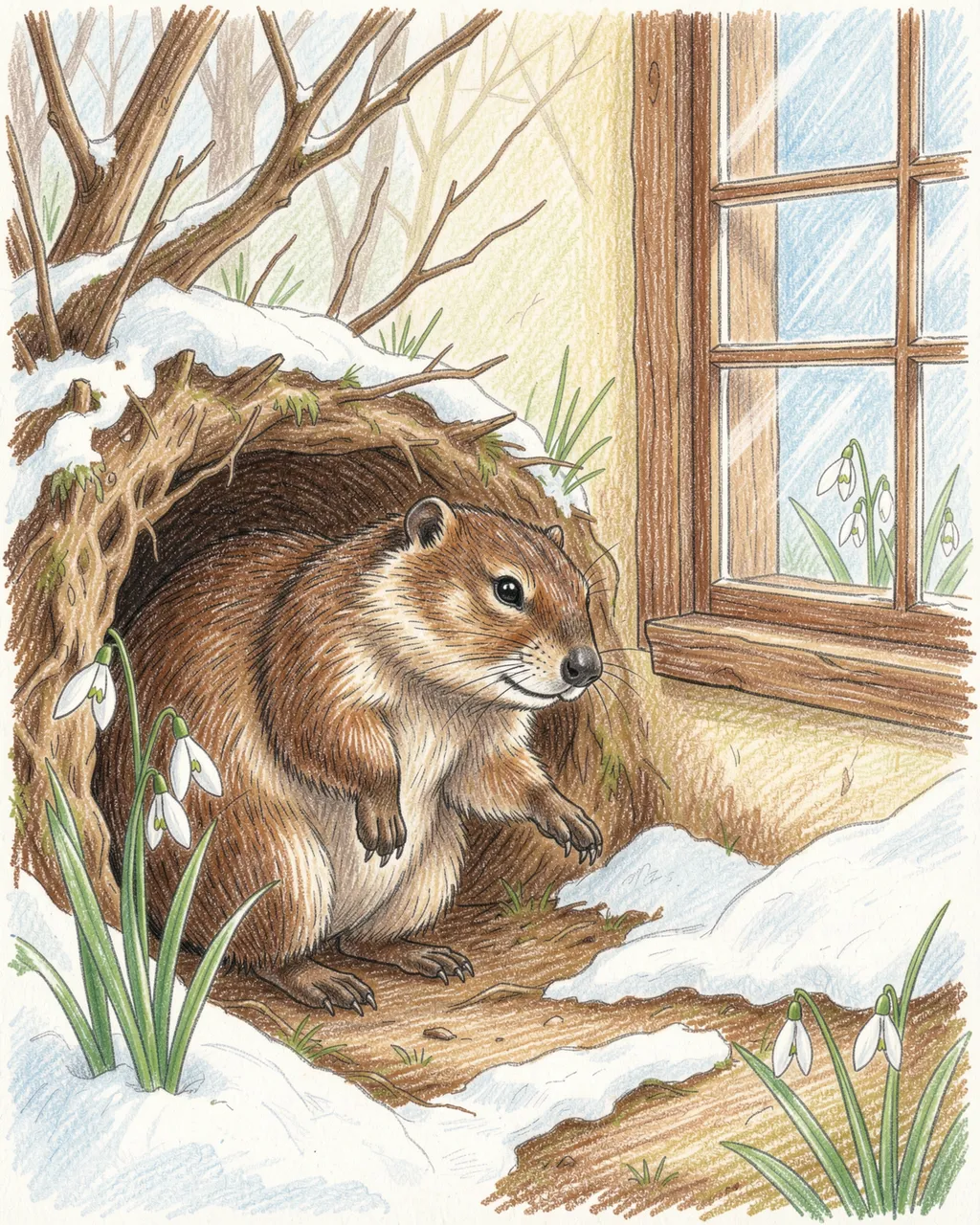Colored pencil illustration of a groundhog stretching awake at its burrow entrance beside snowdrops and melting spring snow
