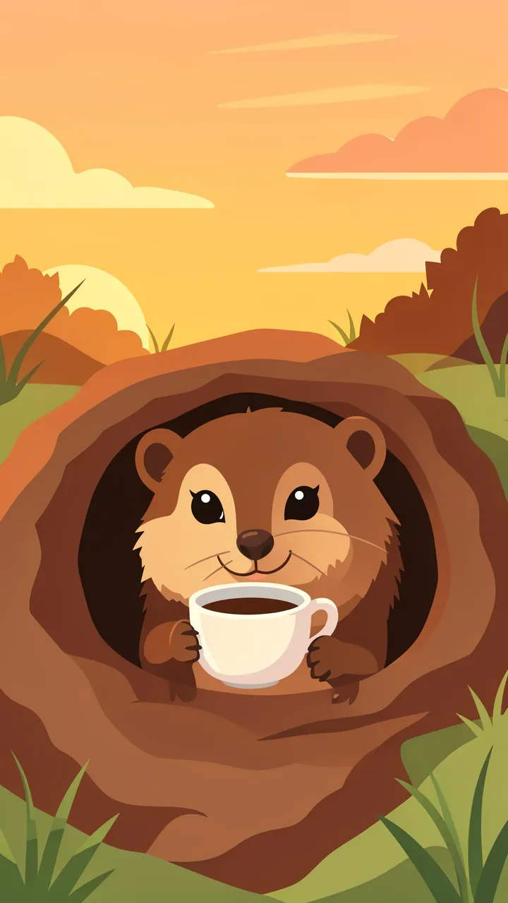 Cute cartoon groundhog peeks out of its burrow holding a coffee cup during a warm orange sunrise