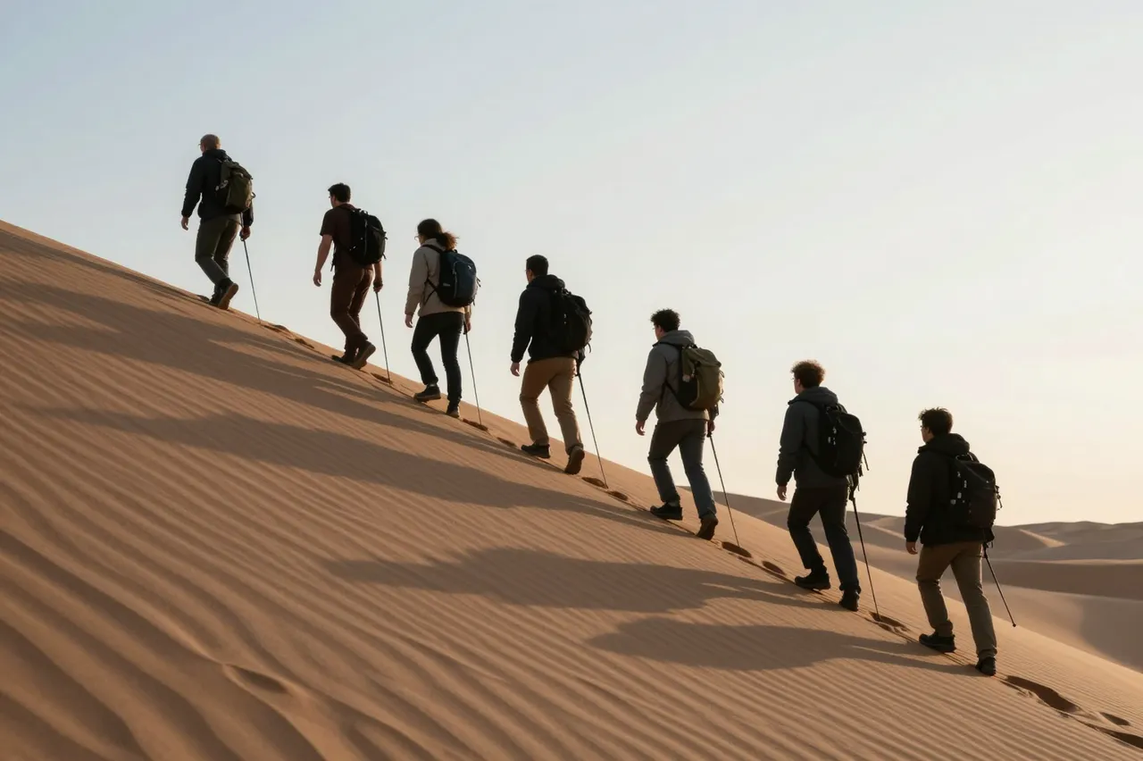 A line of hikers follows a lead guide climbing a rippled desert sand dune at soft pale dawn
