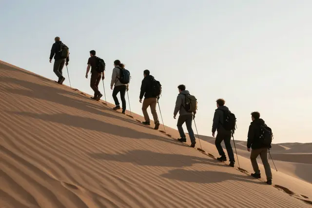 A line of hikers follows a lead guide climbing a rippled desert sand dune at soft pale dawn