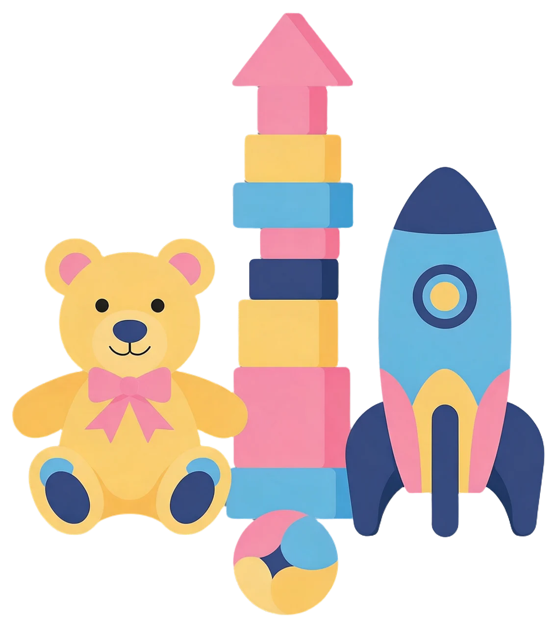 Flat vector illustration of a teddy bear, stacked building blocks, toy rocket and small ball arranged together.