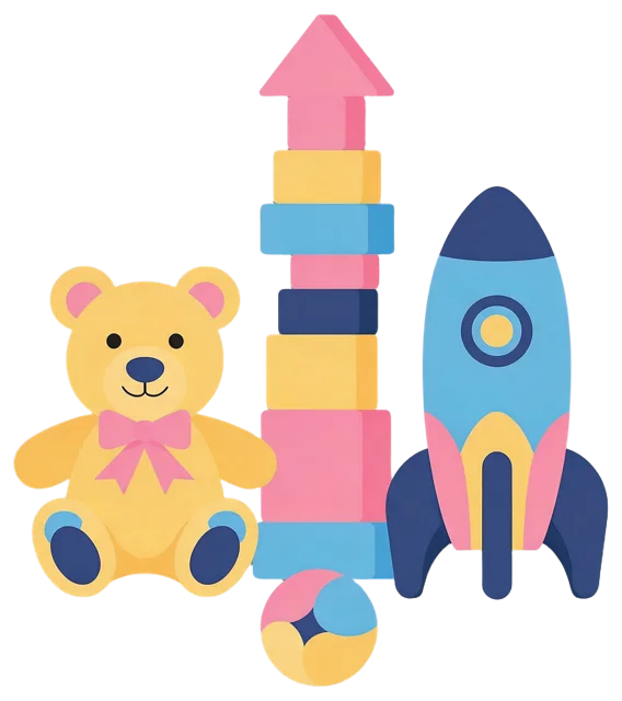 Flat vector illustration of a teddy bear, stacked building blocks, toy rocket and small ball arranged together.