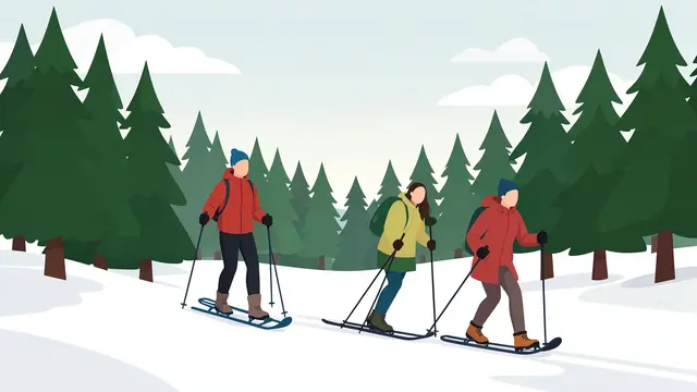 Three faceless adult people snowshoe through a snowy pine forest under a pale cloudy sky