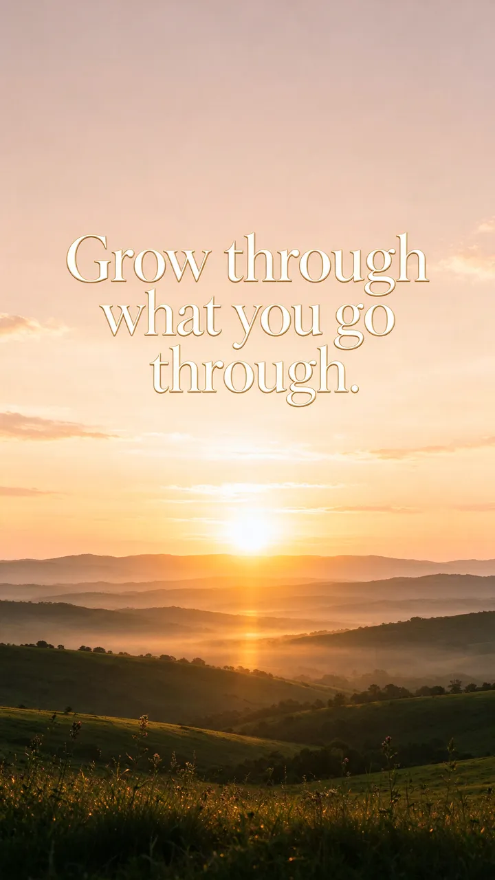 Warm golden sunrise over misty rolling hills with text reading "Grow through what you go through."