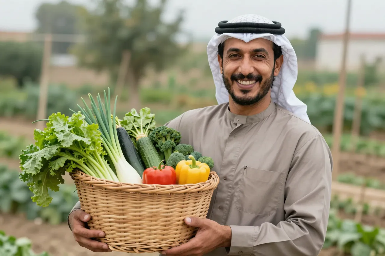 Smiling Middle Eastern man holds a woven basket of fresh homegrown vegetables in his allotment garden
