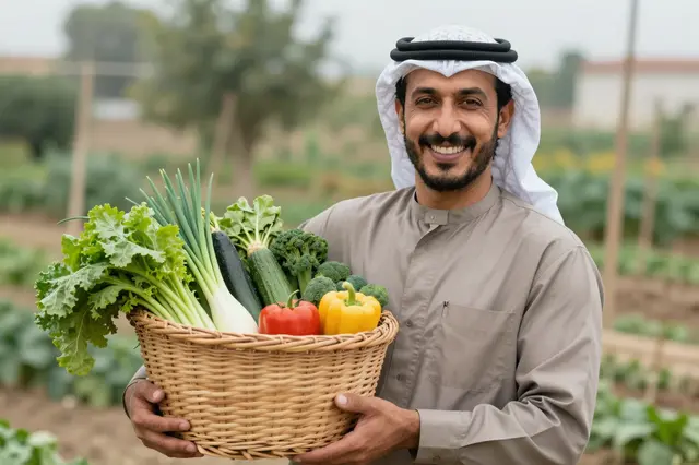 Smiling Middle Eastern man holds a woven basket of fresh homegrown vegetables in his allotment garden