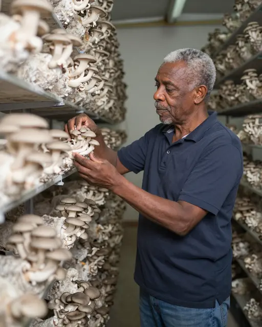 Senior Black grower examines oyster mushrooms growing on shelves inside a mushroom farm