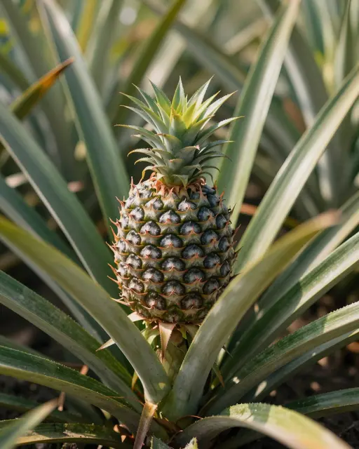 A young unripe pineapple grows surrounded by spiky pineapple plant leaves in bright tropical sunlight.