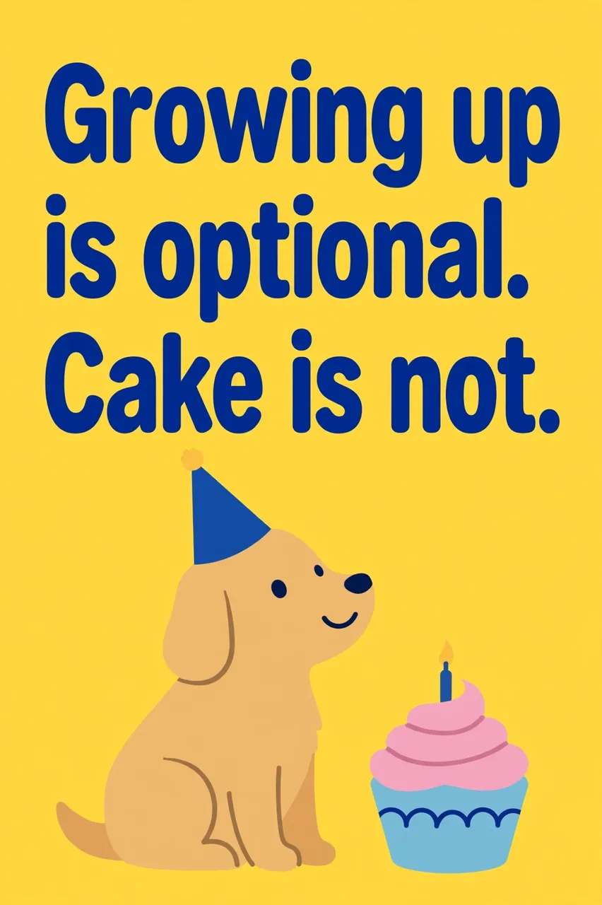 A flat vector illustration of a party hat-wearing dog beside a cupcake with the text 'Growing up is optional. Cake is not.'