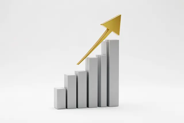 A minimal 3D rising bar chart with a glossy golden upward arrow against a plain white background