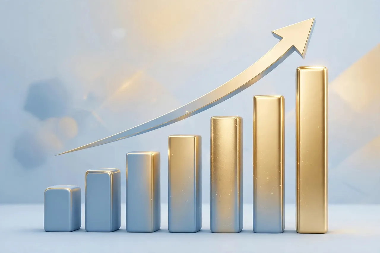 A 3D rising bar chart in soft blue and gold with an upward trending arrow against a pale blurred background
