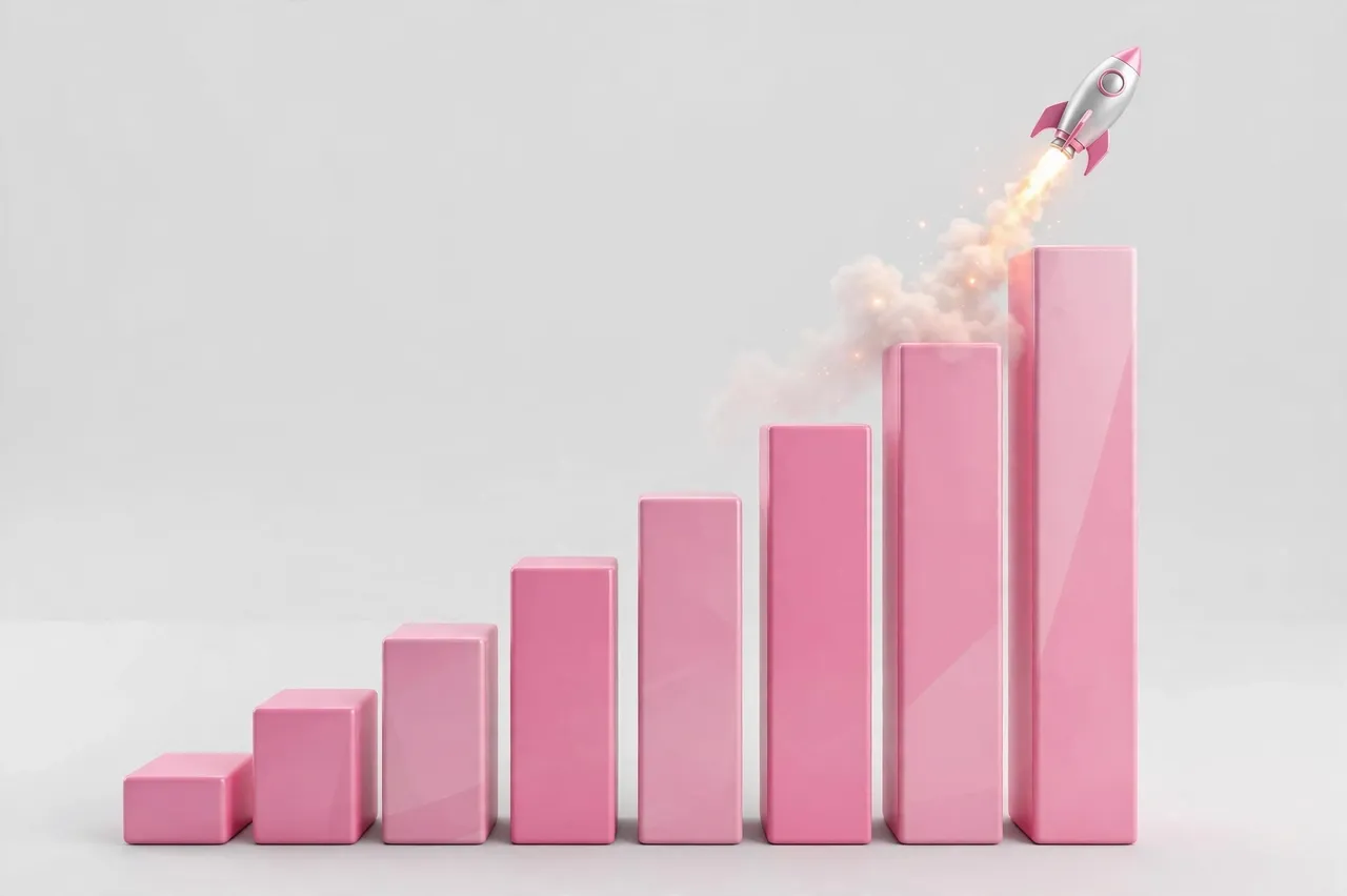A small pink and silver rocket lifts off from the tallest pink bar graph column against a light gray background