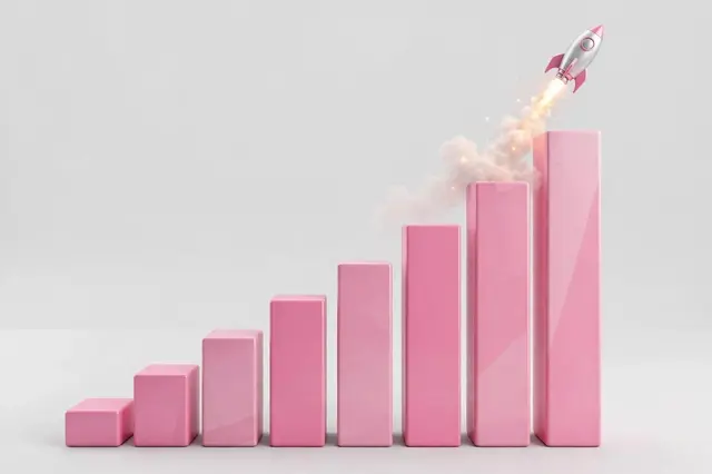 A small pink and silver rocket lifts off from the tallest pink bar graph column against a light gray background
