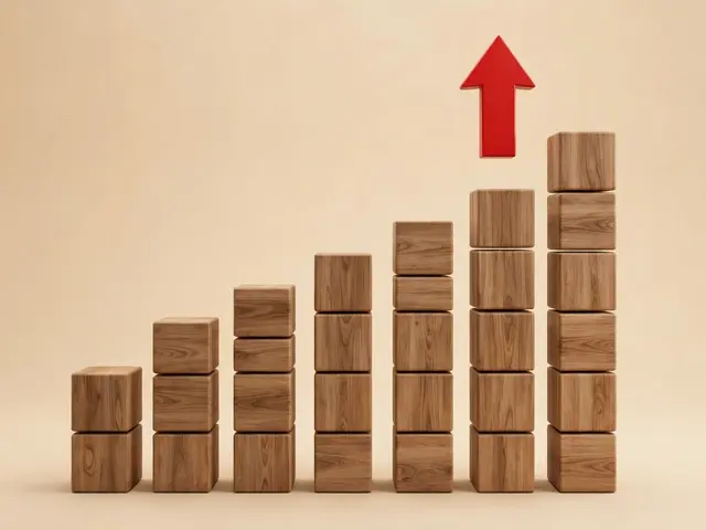 Stacked wooden cubes forming a rising bar graph with a red upward arrow above on a beige background