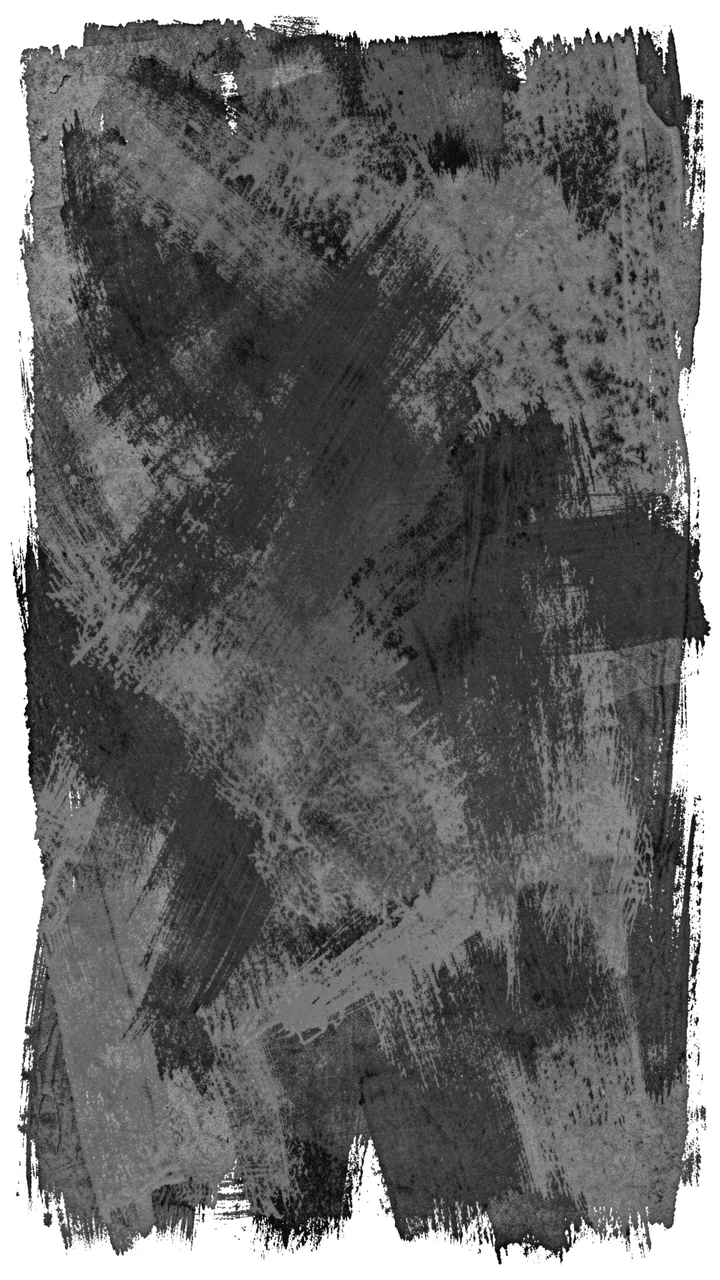 Vertical smudged grayscale charcoal and paint texture with rough torn brush edges on a white backdrop