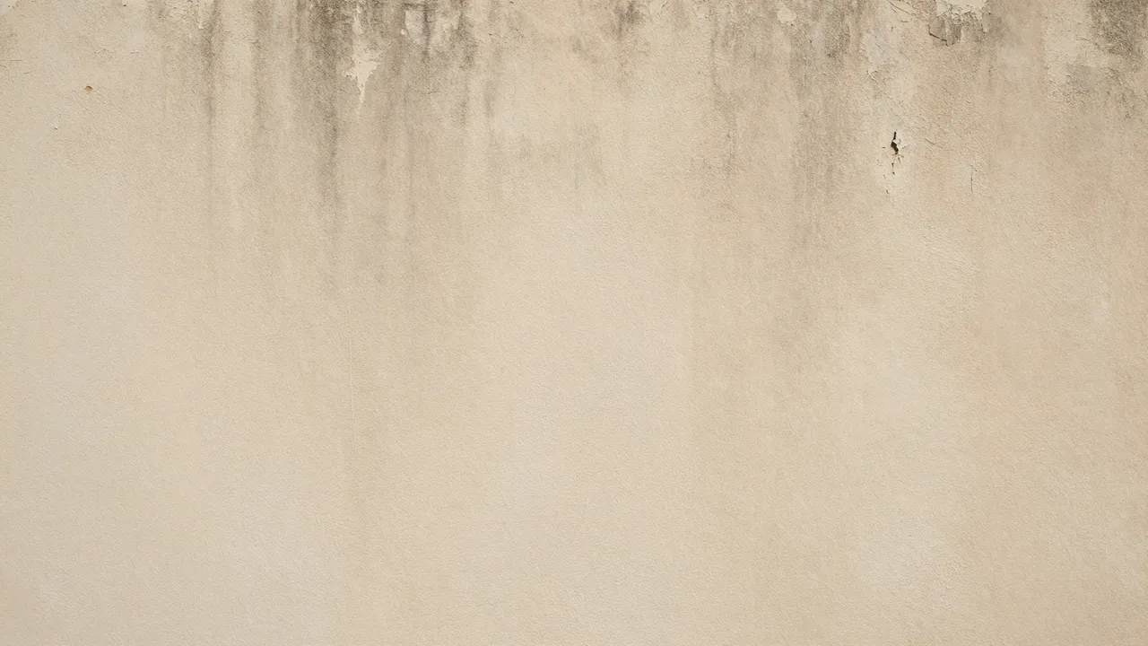 A full frame view of an aged beige plaster wall with streaky discoloration and worn peeling top edge