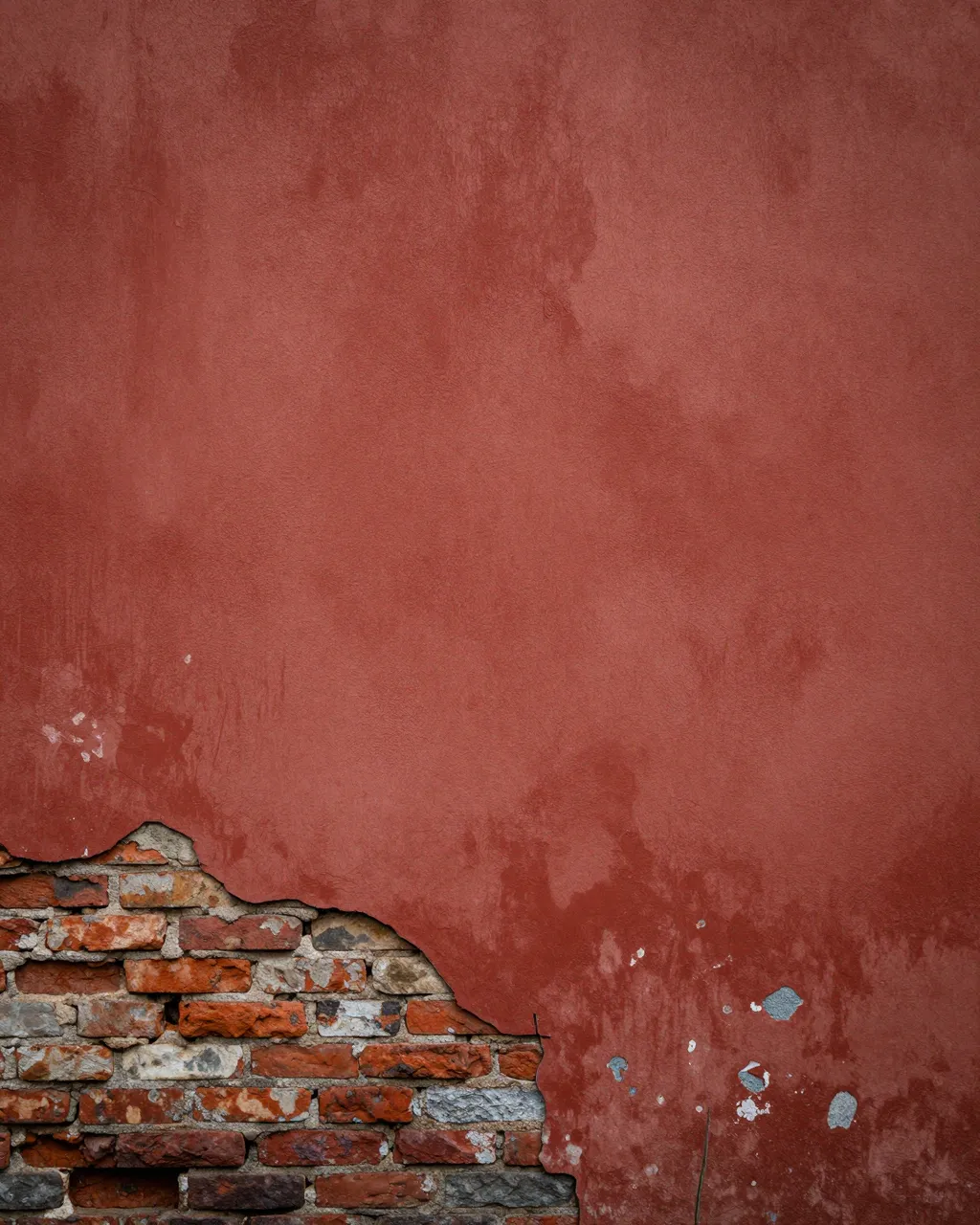 A weathered red plaster wall with water stains, chipped lower plaster revealing exposed red brick beneath moody soft light