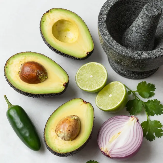 Top-down flat lay arrangement of fresh guacamole ingredients next to a stone molcajete on a light countertop