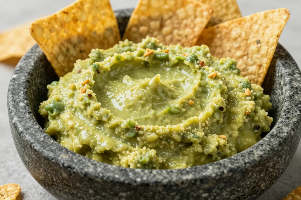 Creamy guacamole in a speckled stone bowl surrounded by crispy tortilla chips on a light gray countertop