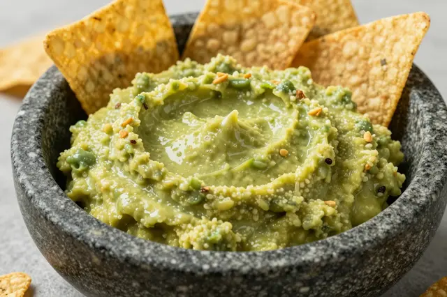 Creamy guacamole in a speckled stone bowl surrounded by crispy tortilla chips on a light gray countertop