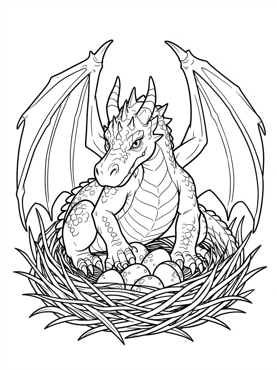 Black and white line art of a mother dragon sitting protectively over eggs in a twig nest
