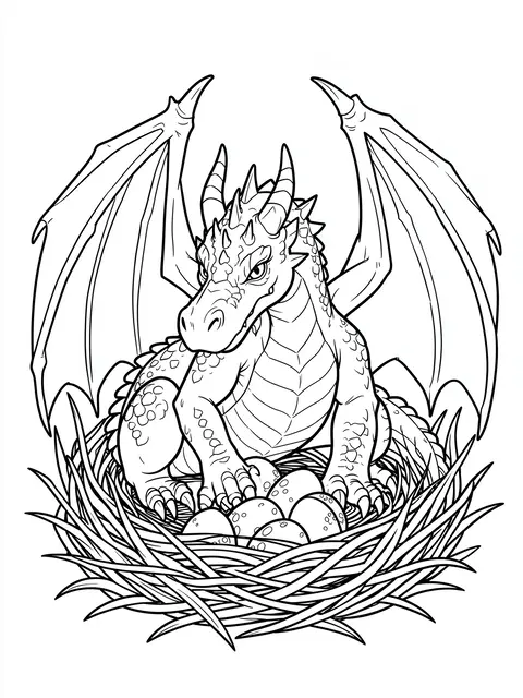 Black and white line art of a mother dragon sitting protectively over eggs in a twig nest