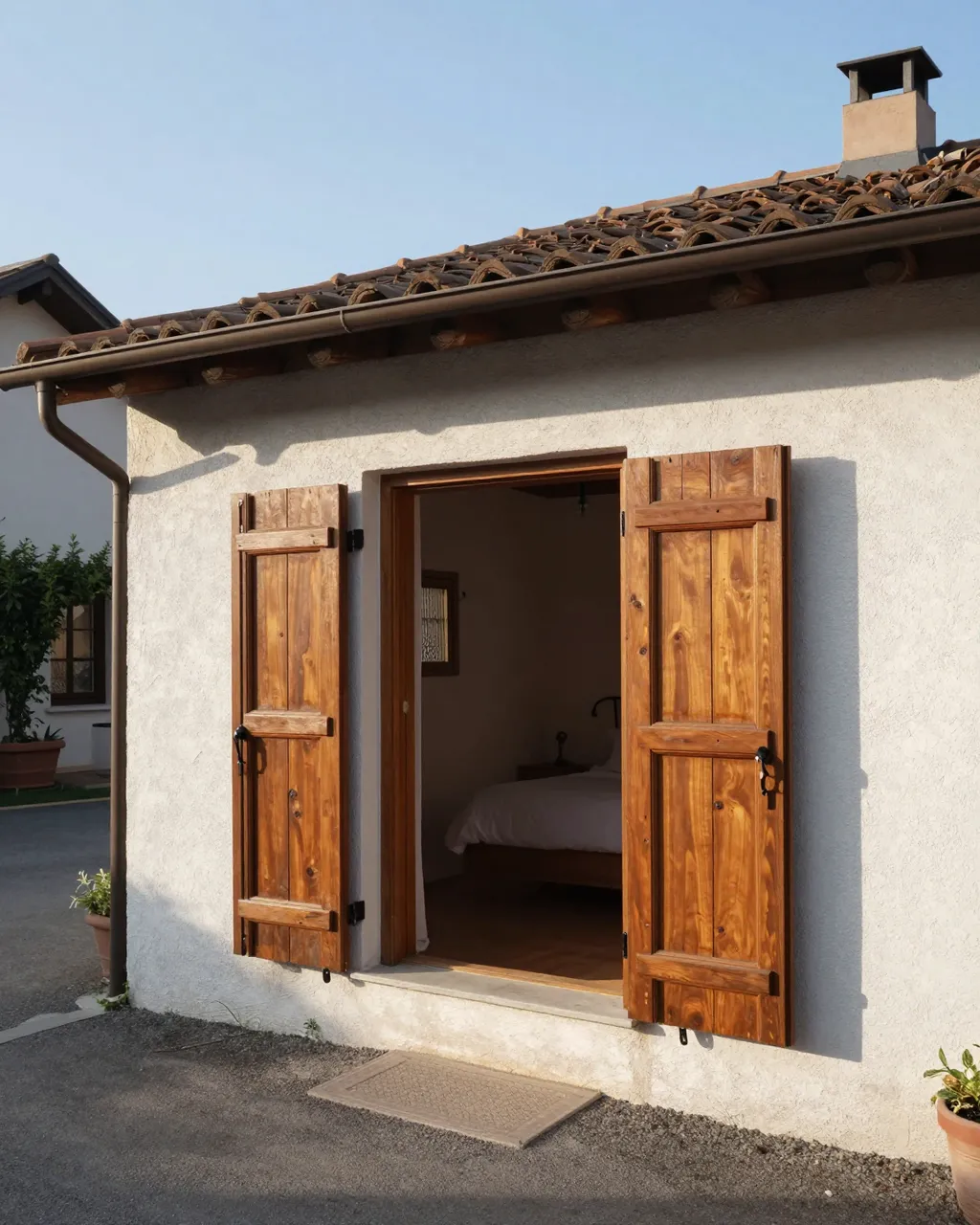 Exterior view of a small guesthouse with open wooden shutters revealing a bedroom in warm morning sun.