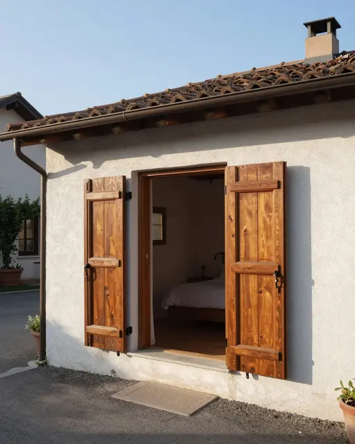 Exterior view of a small guesthouse with open wooden shutters revealing a bedroom in warm morning sun.