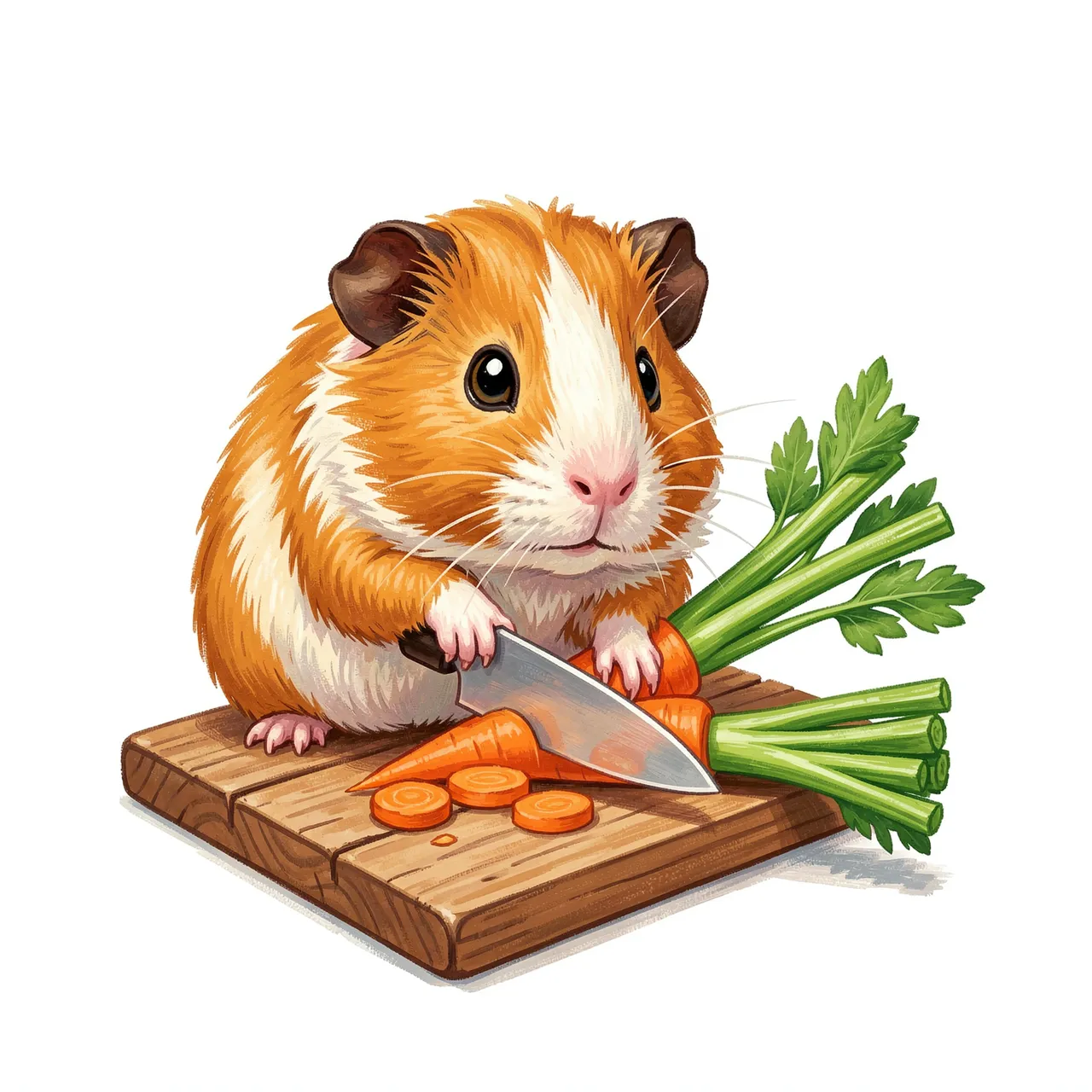 A cute orange and white guinea pig holds a knife to cut carrots and celery on a small wooden cutting board