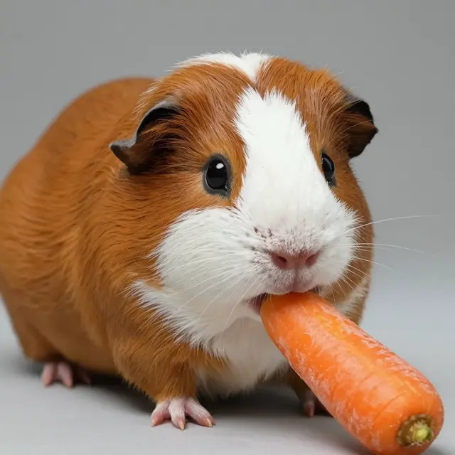 A brown and white domestic guinea pig holds and eats a fresh orange carrot against a plain gray studio background