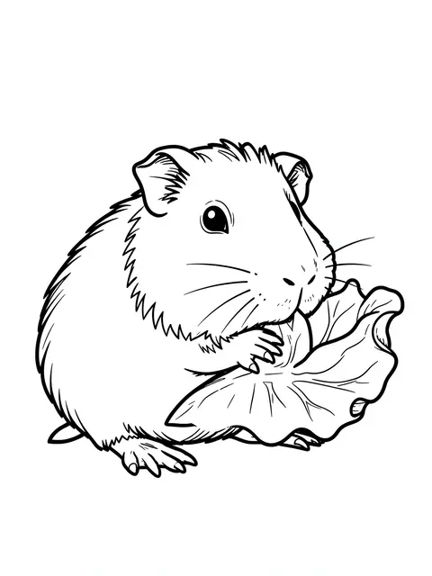 Bold black line art of a guinea pig holding and munching a lettuce leaf on a plain white background