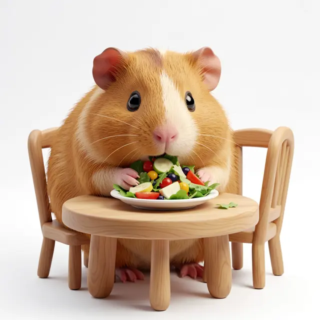 Cute chubby 3D guinea pig sits at a tiny wooden table munching fresh salad on a white background