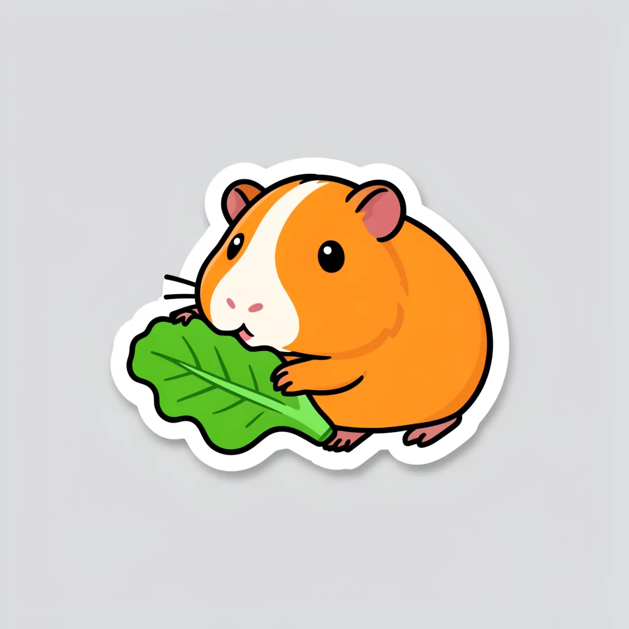 Cute die-cut sticker illustration of a guinea pig nibbling lettuce on a light gray background