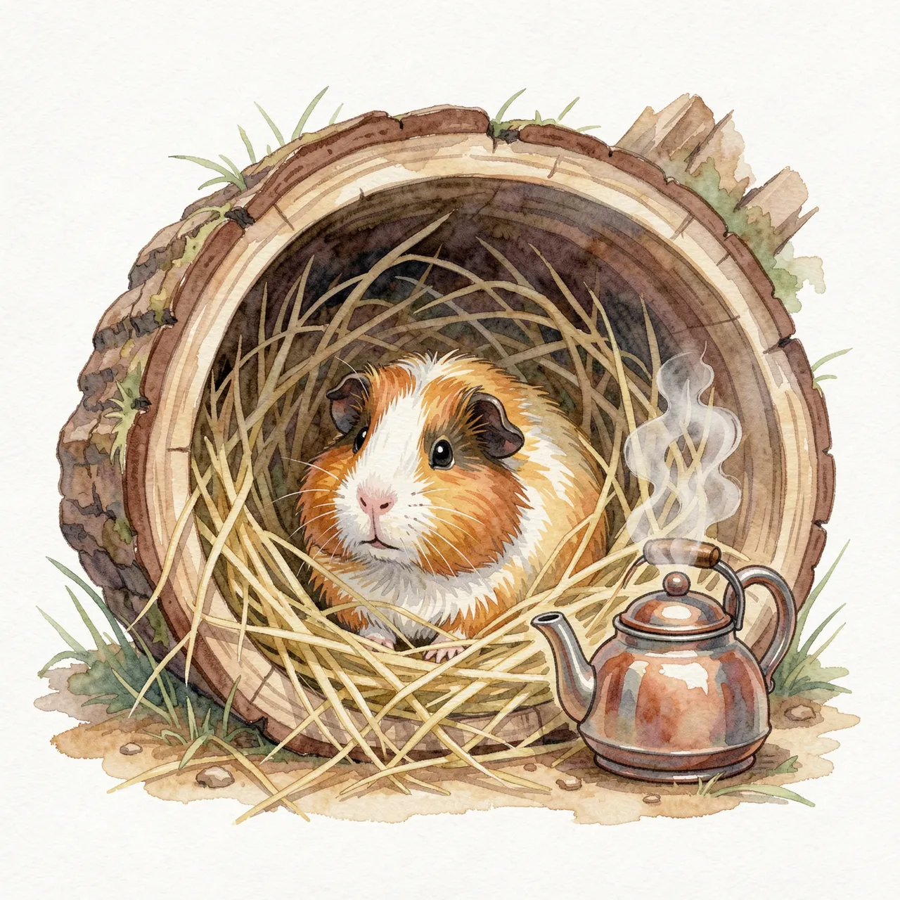 A fluffy brown and white guinea pig rests in a hay nest inside a hollow log beside a steaming tiny copper kettle.